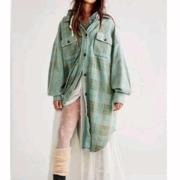 Free People Plaid Long Ruby Jacket Women's M Oversized Sage Combo EUC - Picture 2 of 9